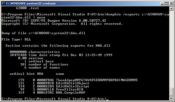 screenshot of exports from hha.dll